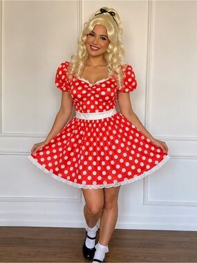 Wonderland Alice Costume Red White Polka Dot Dress + Blonde Wig Size L